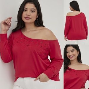 NWT Torrid 1 Red Off-Shoulder Sweatshirt Top; Women's Plus Size Blouse 1X 14 16